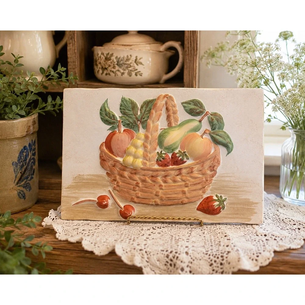 Vintage Ceramic Fruit Basket Wall Plaque 3D Relief Hand Painted Farmhouse 12x9